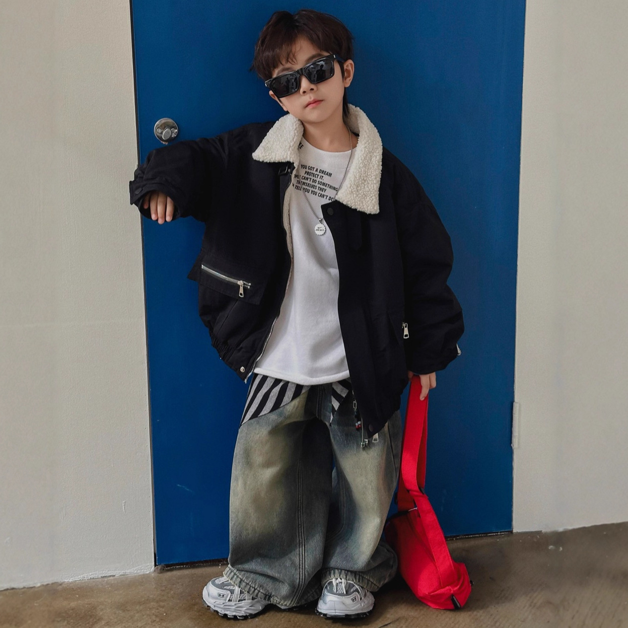 新尔2025冬季新款毛领保暖加毛里夹克外套儿童洋气短款上衣男童潮