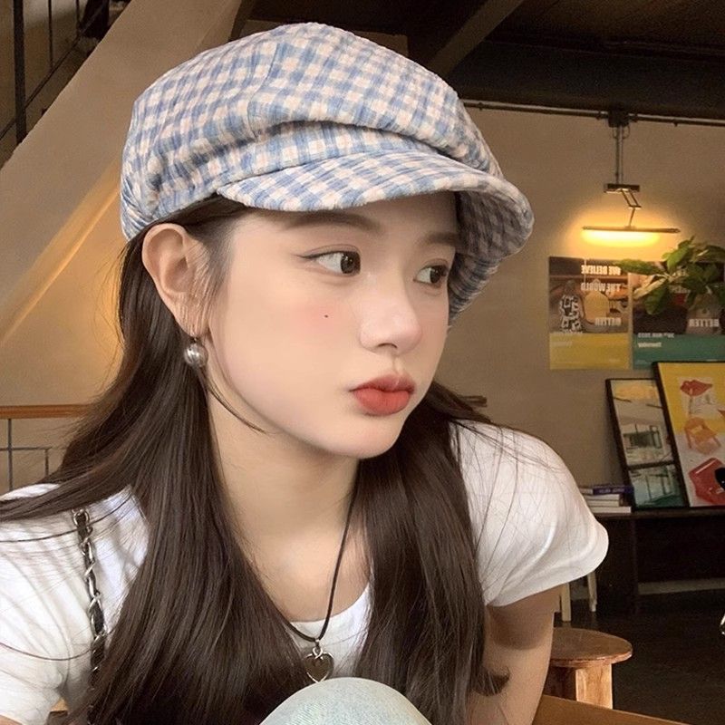 Large face showing duckbill tongue beret cloud painter Korean version ins versatile artistic plaid newsboy hat_viptrois.com