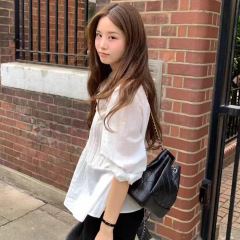 现货 2025秋季新款韩版OU*CE纯色甜美宽松显瘦圆领长袖衬衫上衣女