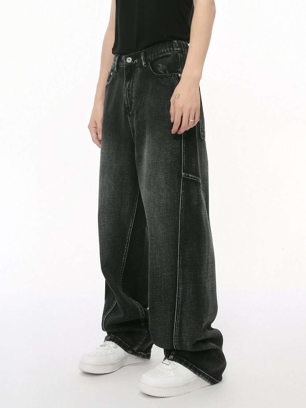 MTLCLOTHES Hombres| Nuevo diseño de deconstrucción de empalme americano de piernas anchas rectas jeans negros grises casuales