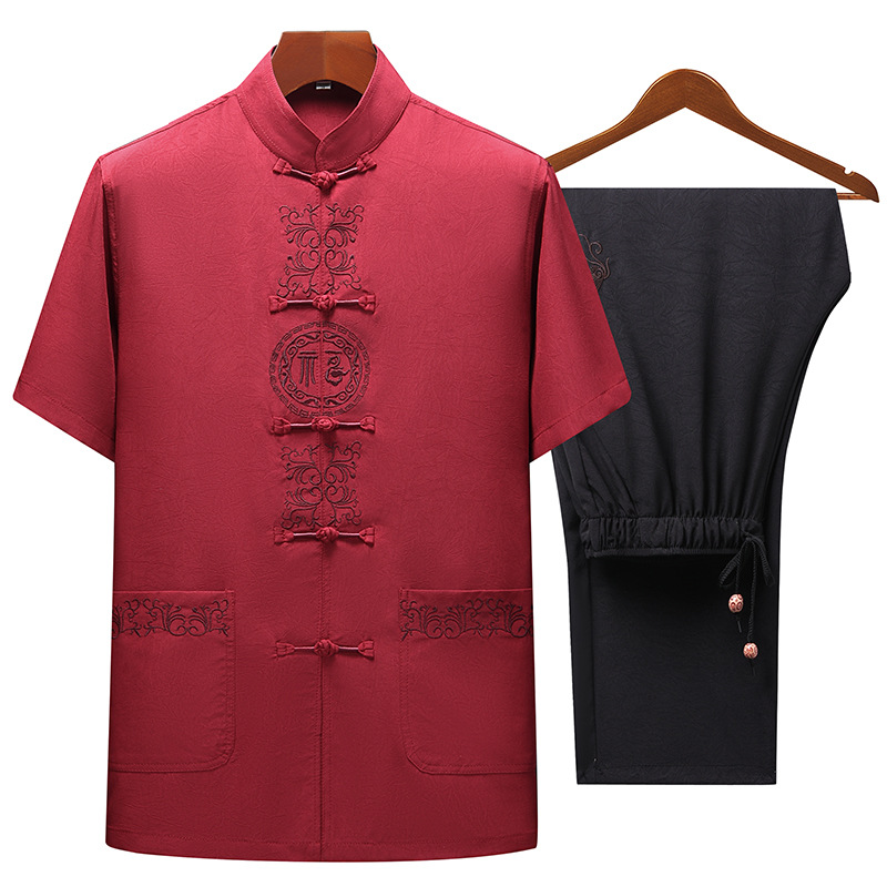 New summer Chinese style Tang suit trousers set for middle-aged and elderly men, breathable