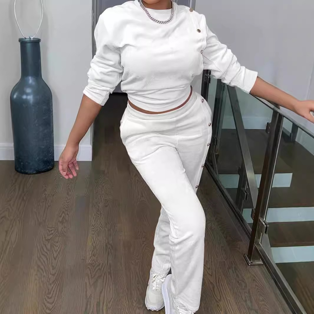 Women's Clothing women's clothing Side breasted two piece sweatshirt long sleeved trousers fashionable casual suit_voghion.com