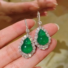 仿绿玉髓葫芦耳环镀S925银镶嵌钻石耳饰高端奢华气质复古新中式女