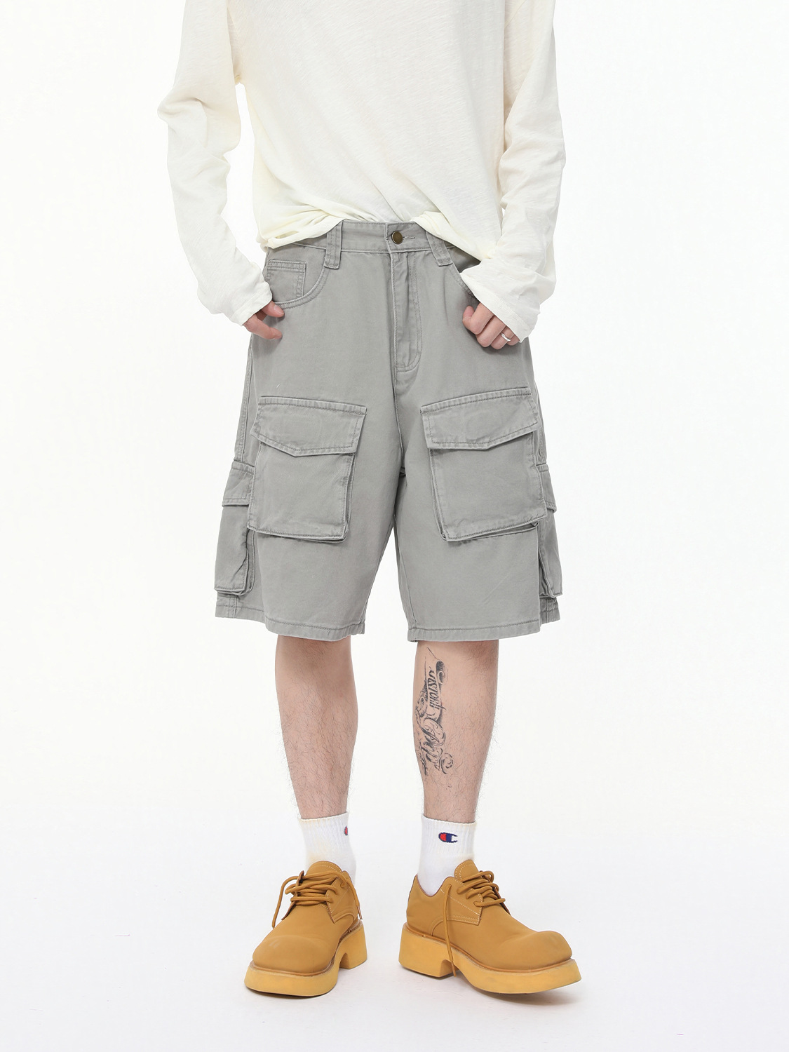 MTLCLOTHES para hombre | Pantalones cortos de mezclilla de algodón americano con múltiples bolsillos pantalones sueltos casuales de cinco puntos