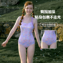 女生泳衣新款初中生中大童连体三角训练竞速游泳馆温泉运动游泳衣