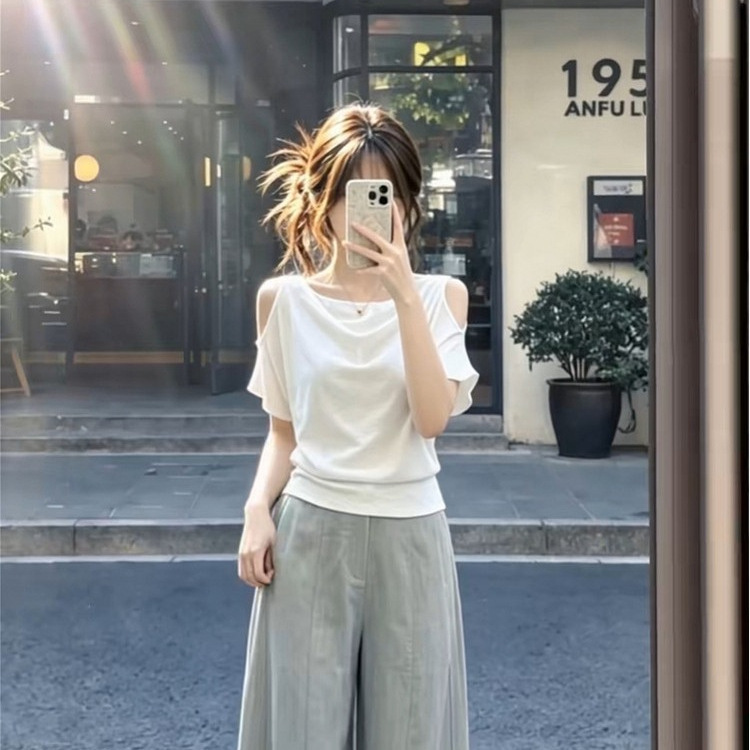 260g rayon Korean-style white off-shoulder short-sleeve t-shirt for women, new summer hollow-out versatile top for trendy girls 260g rayon Korean-style white off-shoulder short-sleeve t-shirt for women, new summer hollow-out versatile top for trendy girls