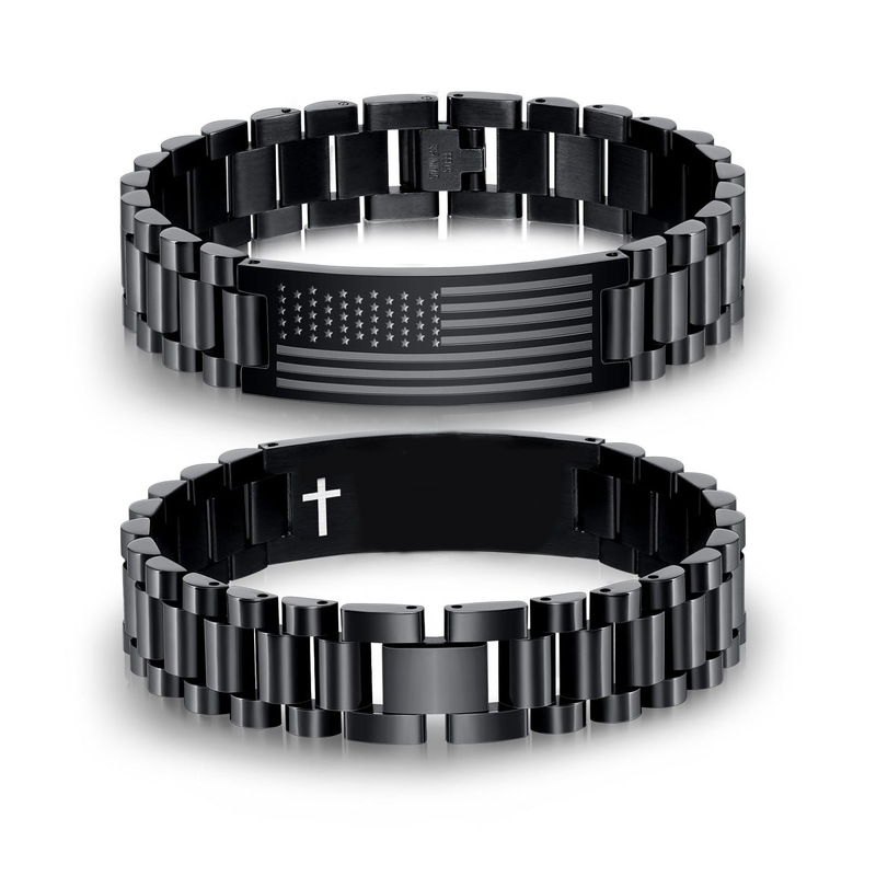Men's Stainless Steel Faith Bracelet with American Flag Engraved Text, Curved Plate Bracelet, Stainless Steel Curved Plate Flag Bracelet Men's Stainless Steel Faith Bracelet with American Flag Engraved Text, Curved Plate Bracelet, Stainless Steel Curved Plate Flag Bracelet