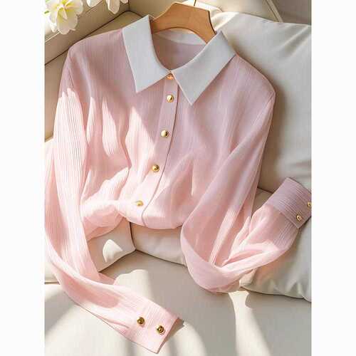 French light luxury pink long-sleeved shirt, early autumn new style, chic chiffon top