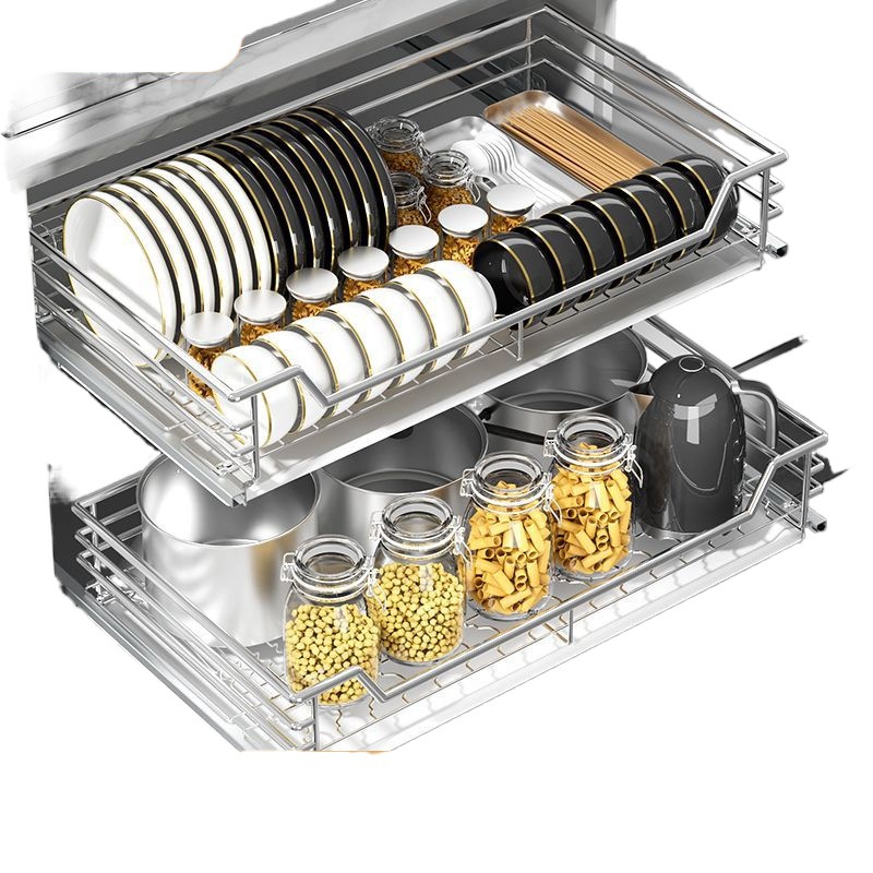 Cesta de tiro Gabinete de cocina Cajón de almacenamiento Gabinete de cocina Cesta de tiro Rack de tazón Cesta de tazón de acero inoxidable 304 de doble capa Material grueso