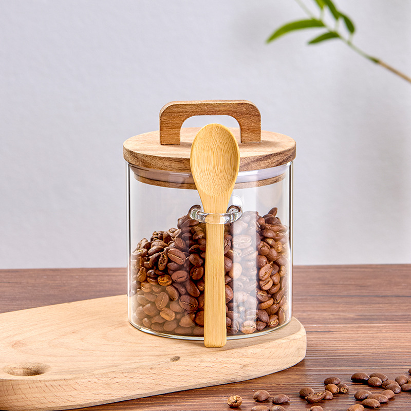 Granos de café con cucharas, frasco de vidrio sellado, tanque de almacenamiento de café en polvo, lata de té, caja de almacenamiento de granos