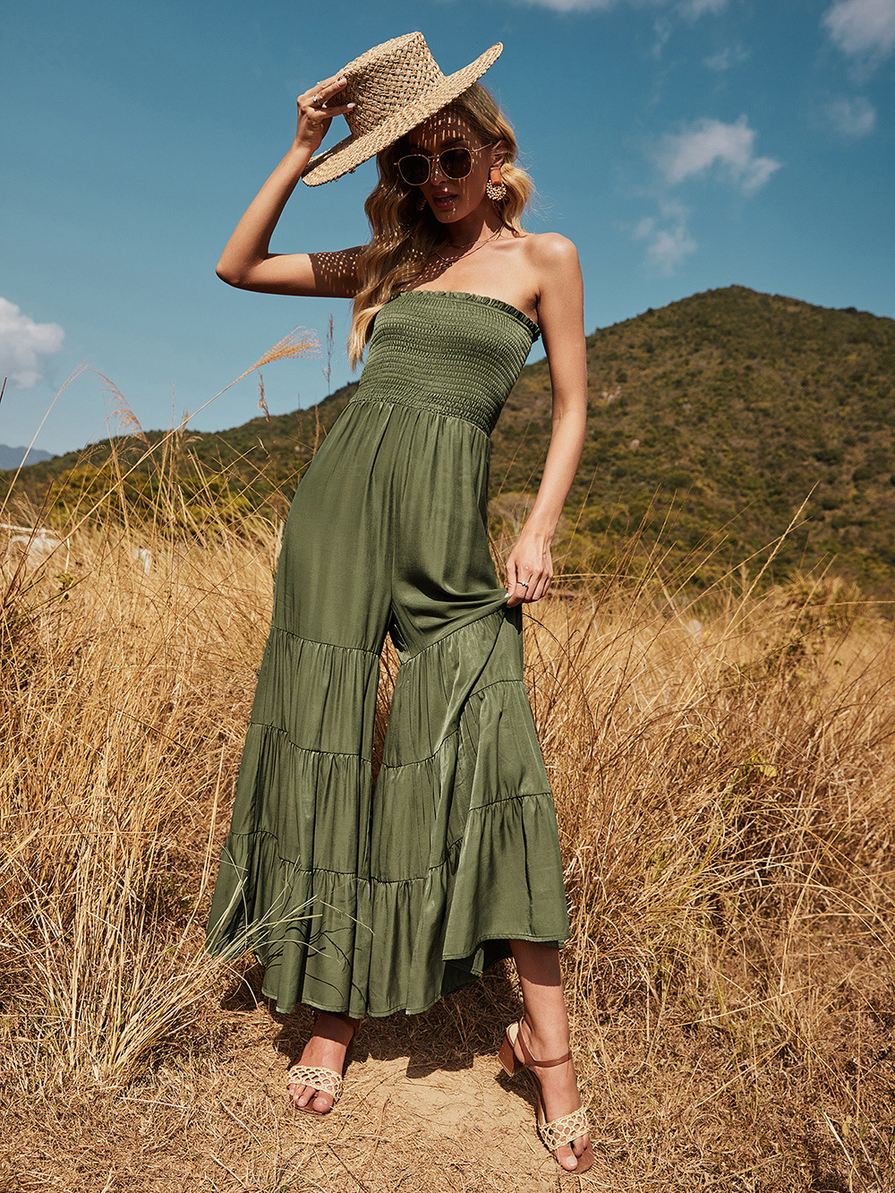 loose-fitting sleeveless off-shoulder long jumpsuit NSDF43986