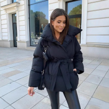 2025欧美女装独立站保暖收腰 长袖系腰 宽松纯色时尚秋冬棉服棉衣