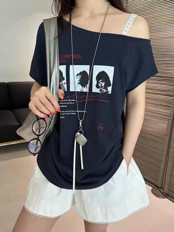 杭州Piao Yi高品質レディースワンラインカラーサスペンダーレースアバター半袖コットンTシャツレディーススリムで多用途なトップス|undefined