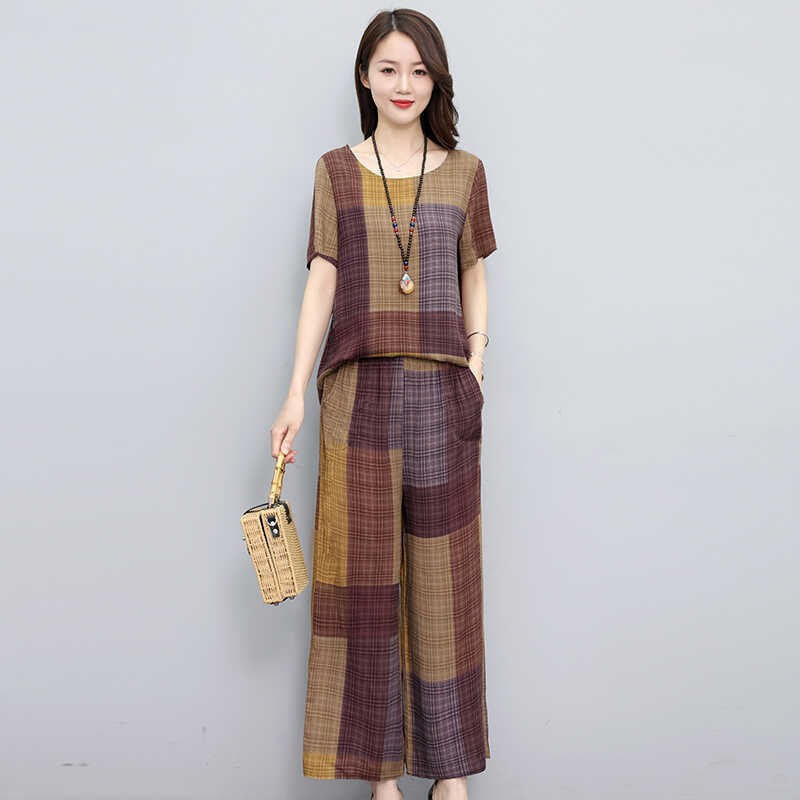 夏季薄款气质妈妈装两件套短袖上衣女2026新款大码休闲中老年套装