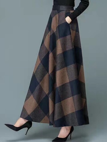 Autumn and winter plaid skirt women's retro new large size medium and long a-line skirt large swing skirt high waist slimming long dress trend