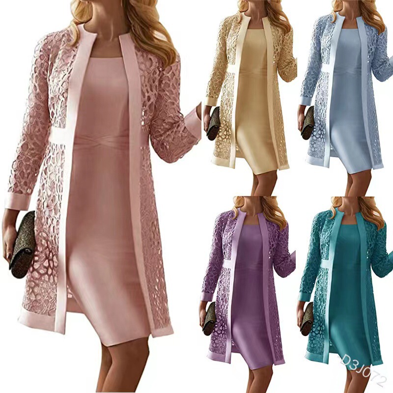 2025 Spot New Women's Color Lace Cardigan Dress Two-Piece Jacket Amazon Wish Export