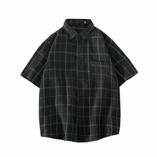 Japanese-style grid shirt for men, summer trend casual stylish loose black short-sleeved shirt for men, thin men's shirt