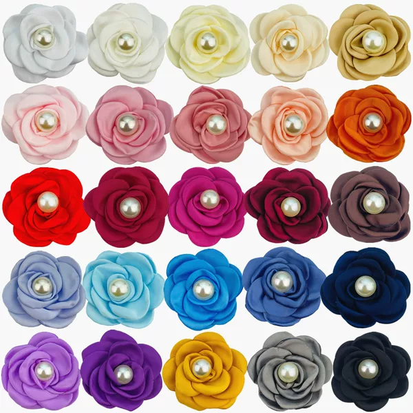6cm Silks and Satins Burnt Edge Camellia Pearl Flower Core Headdress Shoe Decoration Hat Flower Bag Accessories Handmade Roasted Edge Corsage Rose