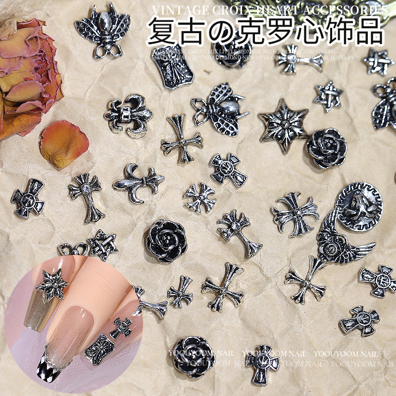 Popular online popular crocheted nail decorations wholesale punk style vintage metal alloy cross nail accessories