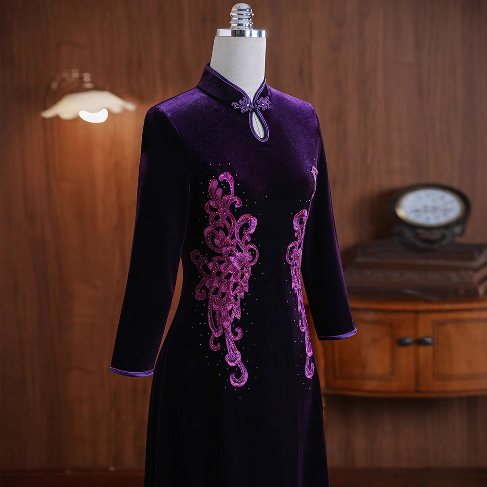 Wedding Mother Dress Autumn and Winter New Chinese Noble Happy Mother-in-law Wedding Banquet Cheongsam dress Improved Purple 3353