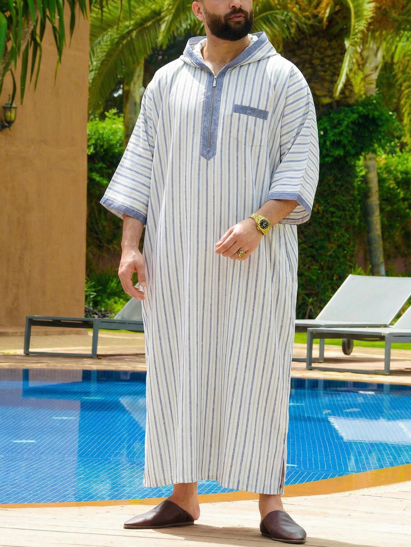 Middle Eastern Hooded Thobe For Men With Zipper Short Sleeved_voghion.com
