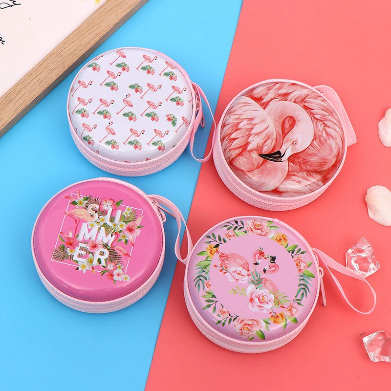 Round tinplate coin purse, zipper with chain, cartoon print, compact 7×7×3 cm