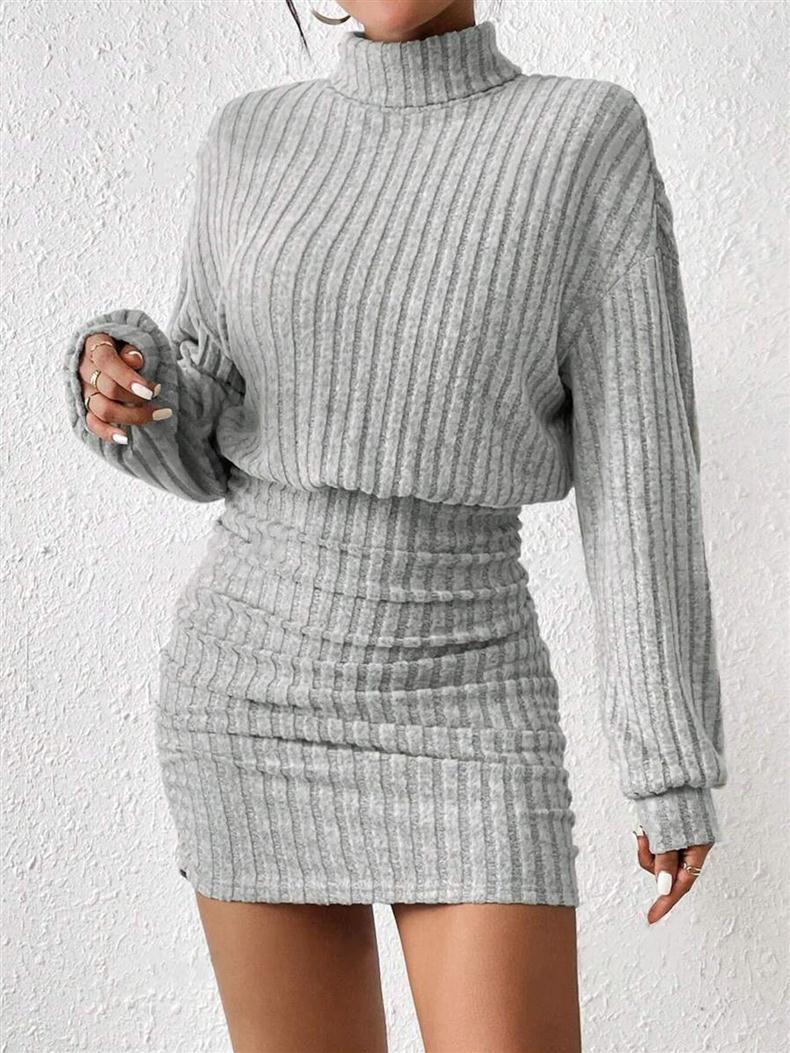GraceChic Cross-Border European And American 2025 Autumn Winter New Bodycon Long Sleeve High Neck Ribbed Knitted Sexy Dress_voghion.com