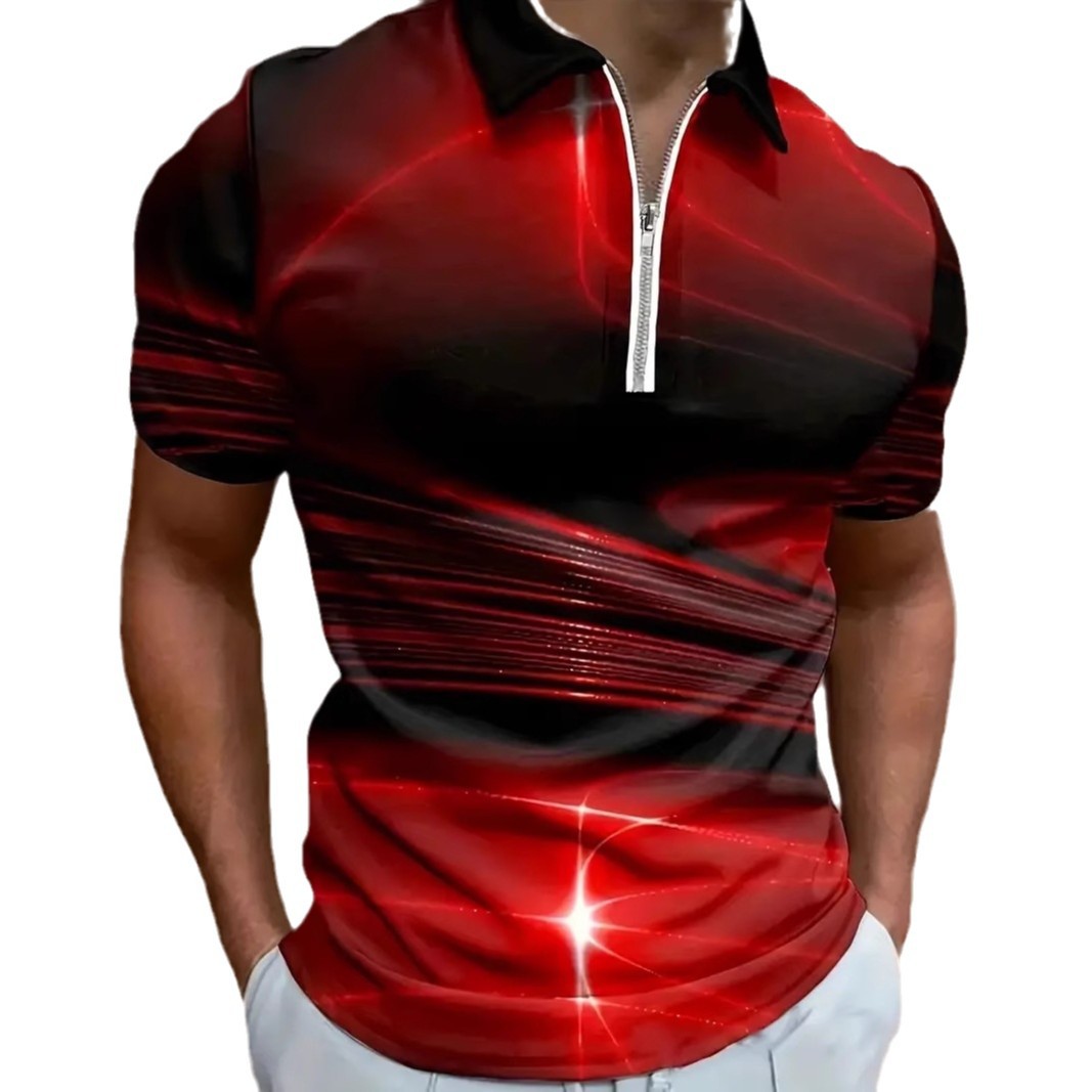 Clásico negro y rojo color degradado halo estampado 3D hombre negocio suelto ojo tela transpirable manga corta cremallera camisa POLO