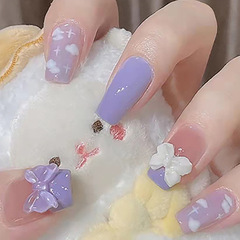 Chic and subtle light purple, gentle butterfly bow, transparent and shiny short nail art, detachable and wearable nail, wholesale