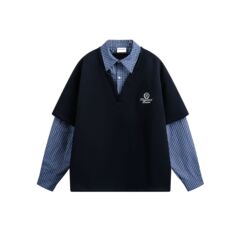 CATTEE美式学院风格子拼接假两件卫衣男女款小个子衬衫领polo上衣