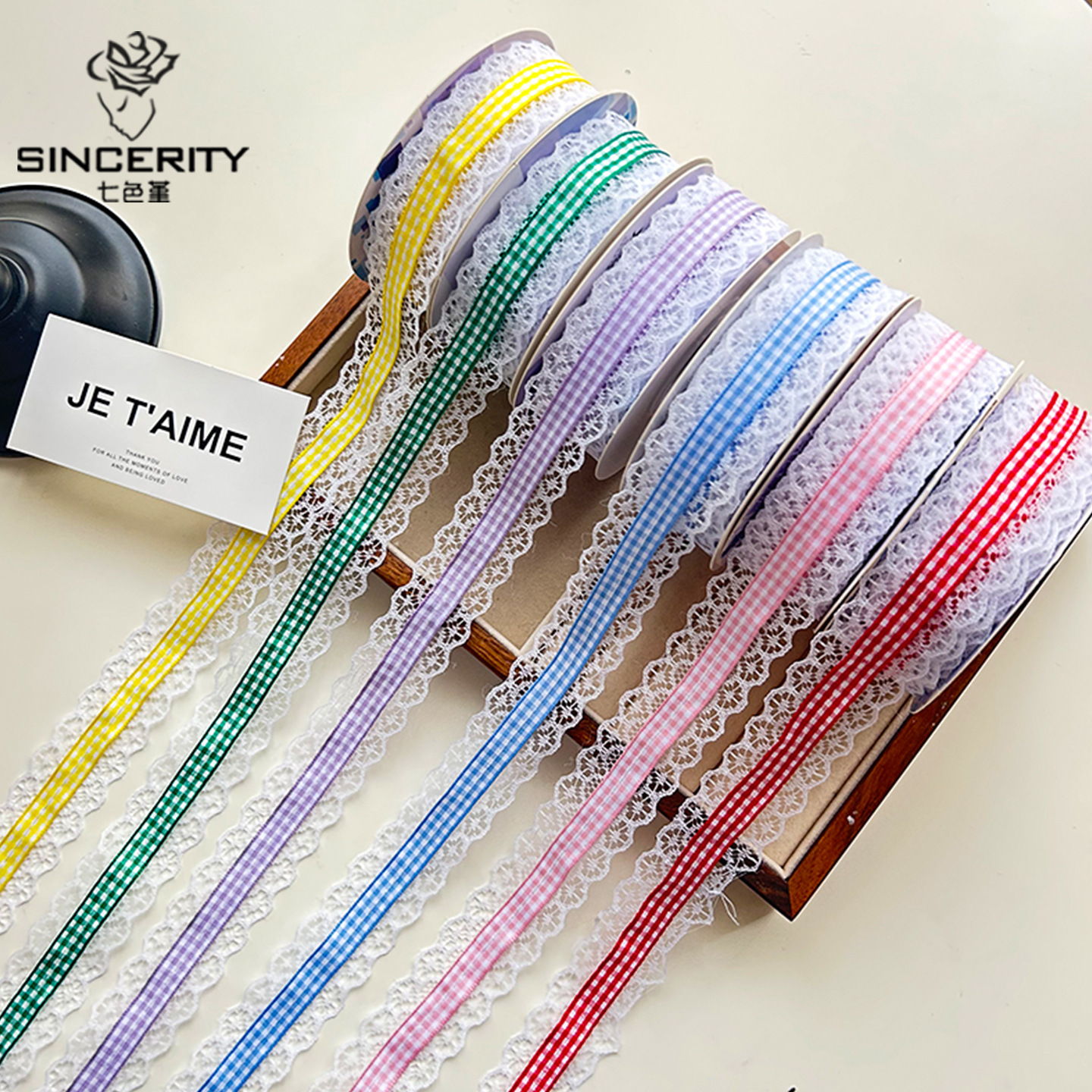 Siete colores, encaje de estilo británico, cinta de celosía, paquete de ramo, cinta de raso, paquete de flores, cinta de bricolaje, embalaje de material