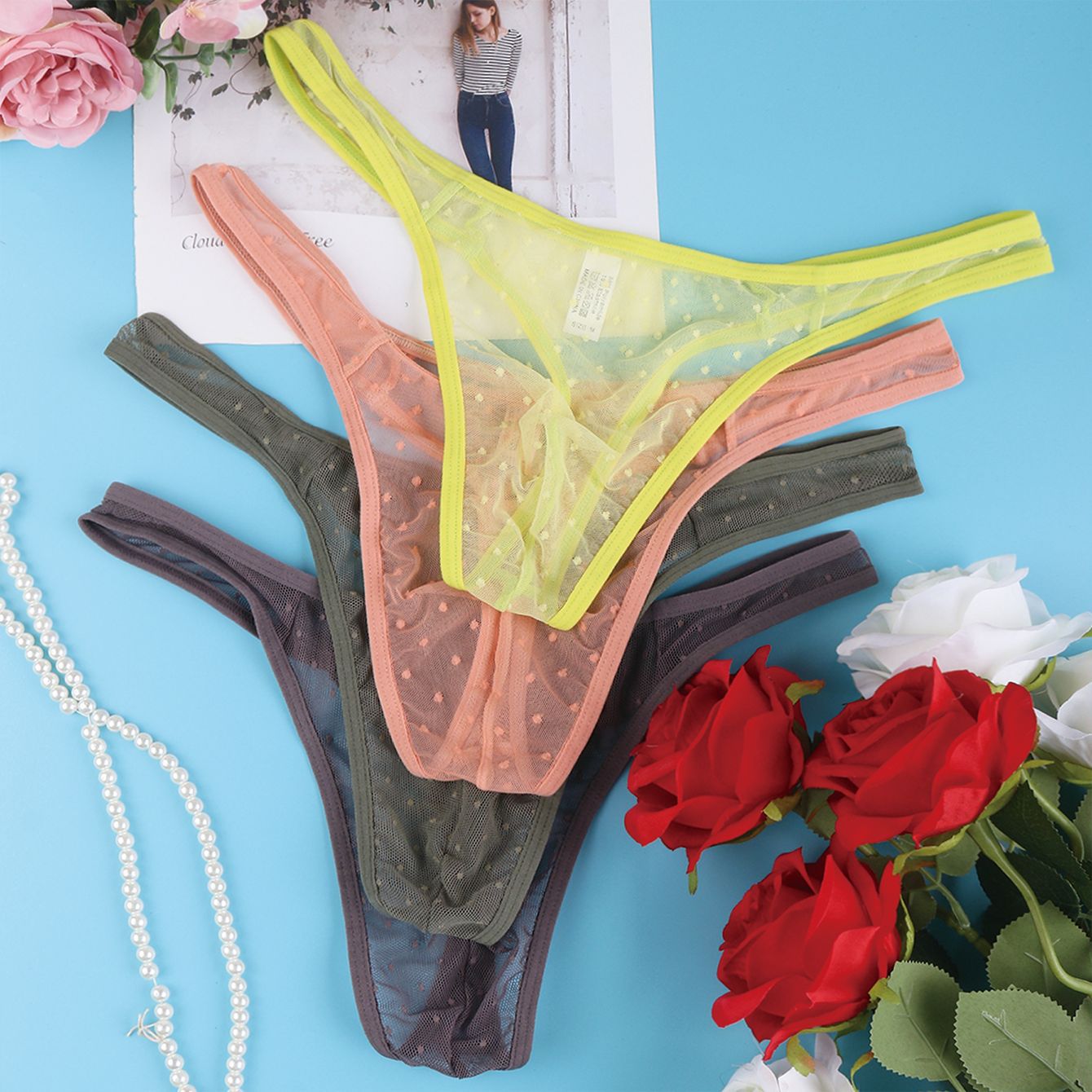 Amazon Foreign Trade European and American Men's 4-Piece Set Polka Dot Lace Thong Underwear in Stock Wholesale Cross-Border Hot Sale