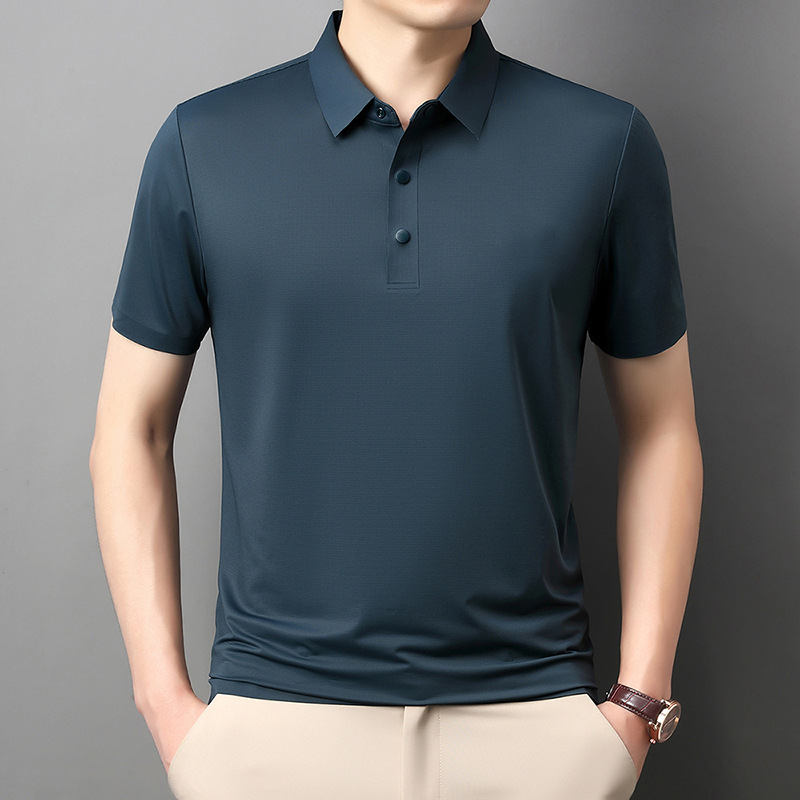 Áo polo nam tay ngắn cổ bẻ ẩn nút, chất liệu ice silk thấm hút nhanh khô — đen