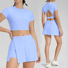 跨境网球裙美背镂空短袖带胸垫运动短裙速干a字版型女瑜伽裙套装