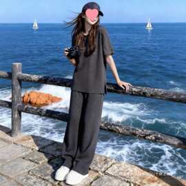 小个子春夏通勤显瘦圆领上衣运动长裤慵懒风减龄两件套女棉涤混纺