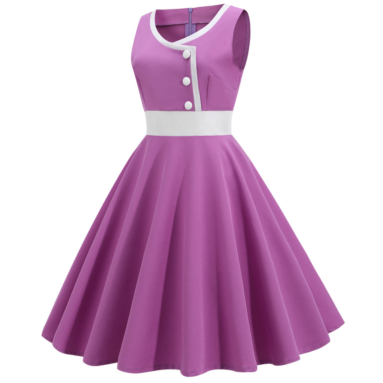  Femmes Hepburn rétro blanc rayure couture fausse simple boutonnage décoratif couleur unie grande jupe_voghion.com