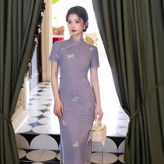 2026春夏新款旗袍蓝色印花短袖立领旗袍新中式国风棉麻收腰女旗袍