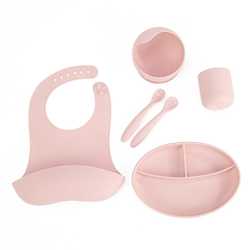 분리 접시 + 포크 스푼 + 턱받이 + 챙 그릇 + 컵 핑크