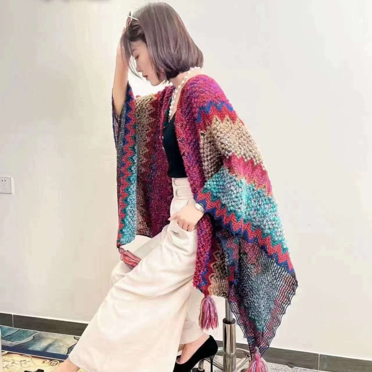 Этническое плащ-пальто, шерстяной knitted плащ, подвеска ручной работы с кисточками для путешествий