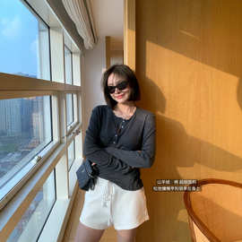 0F1308，韩国面料山羊绒➕高捻棉女士亨利领长袖打底
