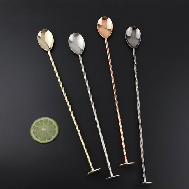 Agitador de bebidas de acero inoxidable con base redonda de 28 cm, cuchara agitadora de café, té con leche, metal, mango largo y retorcido.