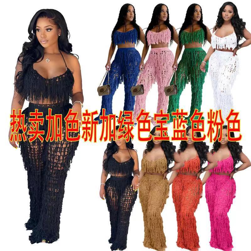 NY8115 Amazon European and American Urban Supply Sexy Perspective Knitted Hand Hook Tassel Beach Suit