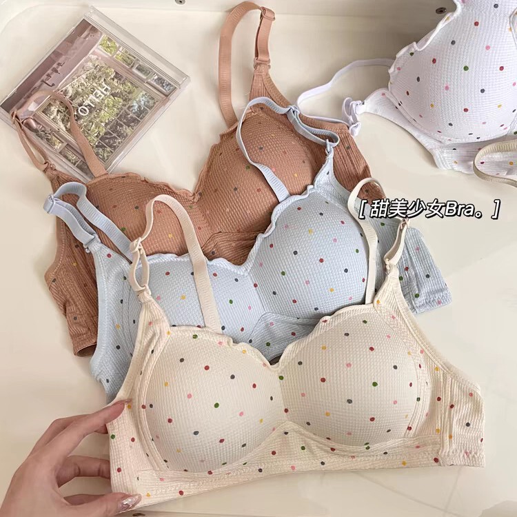 Japanese Sweet Underwear Women's Small Chest Gathered High Girl's Steel Ring-Free Thin Traceless Wave Dot Bra Factory Outlet