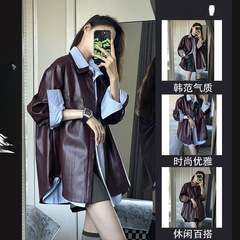 葡萄紫PU皮衣外套女2025年春春秋时尚新款复古夹克百搭衬衫