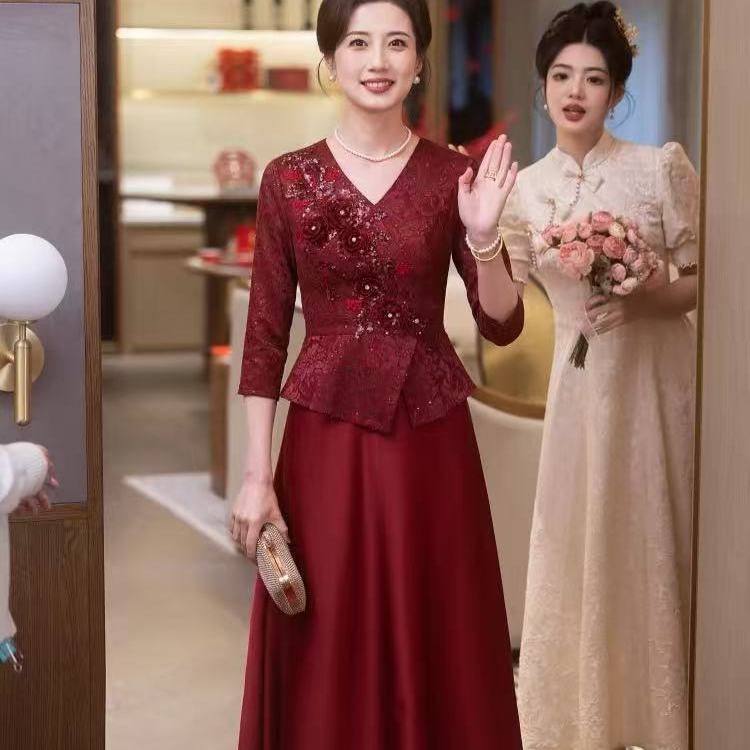 气质名媛婚宴长袍深V刺绣中长裙七分袖装饰婚礼装|undefined