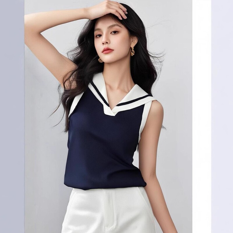 2025 Summer New Arrival Navy Neck Embroidered Striped V-Neck Design Sense Tight Waist Slim Sweater Vest Top Women