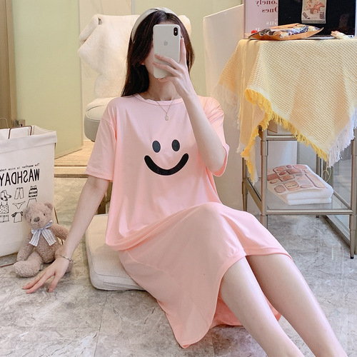 Korean nightgown for women summer short-sleeved long popular cartoon cute simple smiling face can be worn outside ins large size pajamas