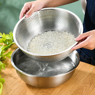 304 Stainless Steel Thickened Drain Basin Rice Basket Vegetable Fruit Basket Kitchen Washing Rice Sieve Leakage Basin Bowl Chopsticks Drain Multi-purpose Basin