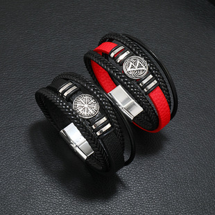 European and American Fashionable Men's Hand Accessories, Fashionable and Versatile Multi-Layered Woven Leather Bracelets, Scripture Compass Leather Bracelets