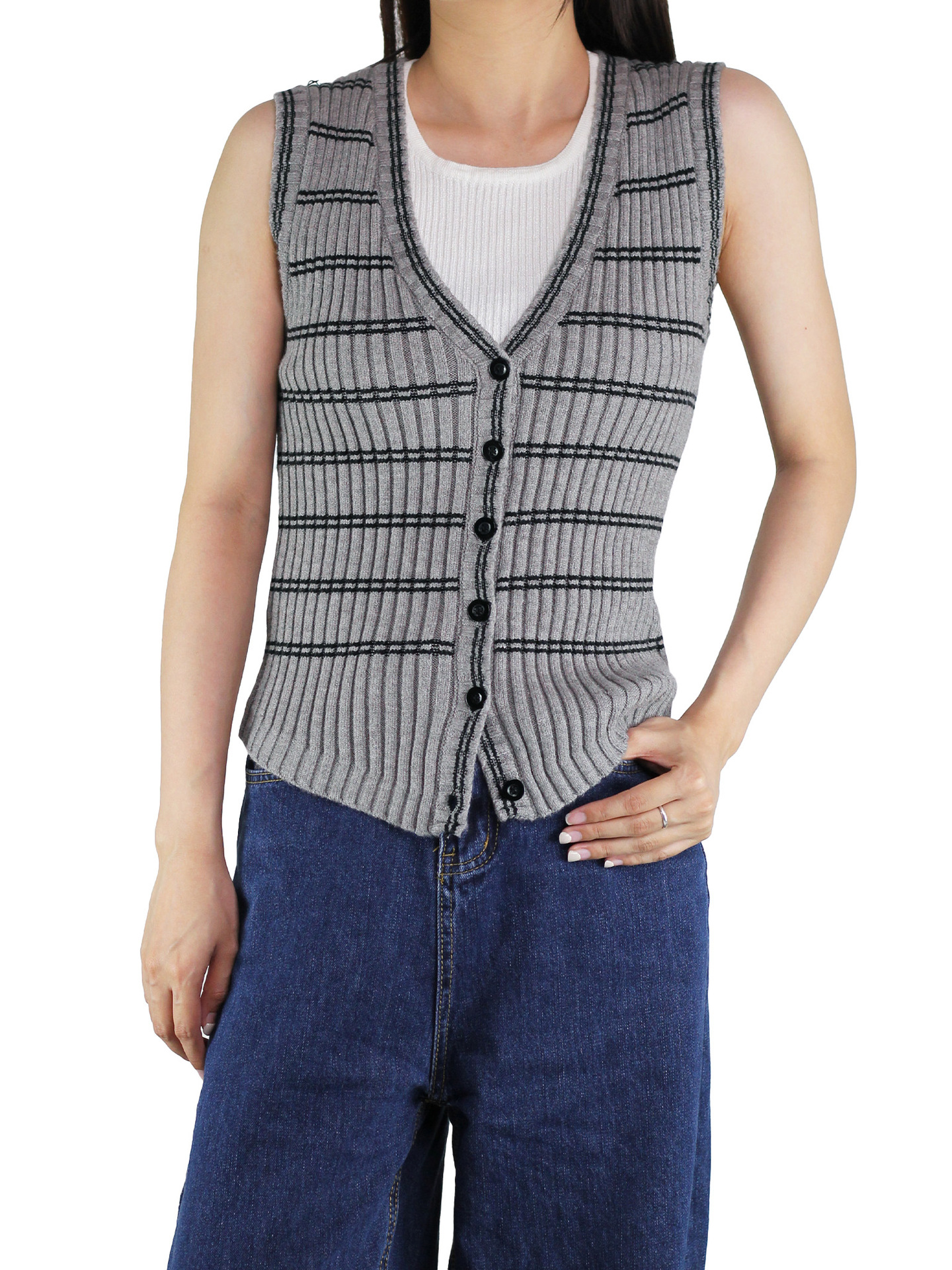 Inventario transfronterizo de ropa de mujer explosión camisa de punto chaleco de mujer V-collar rayas de punto cardigan chaleco de punto suéter al por mayor